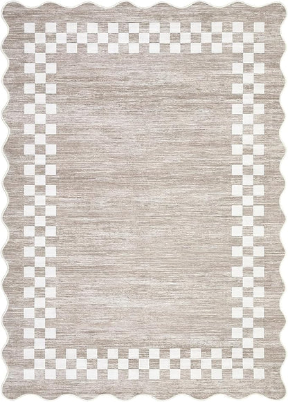 Small Area Rug 2x3 Modern Checkered Entry Rug Solid Color Scalloped Kitchen Rugs Washable Bedroom Doormat Non Slip Stain Resistant Bordered Throw Carpet for Living Room Nursery Laundry, Fog