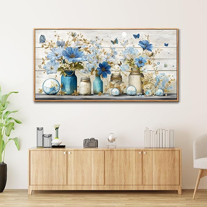 Wapluam Large Framed Wall Art,Retro Rustic Pictures Wall Decor,Floral Wall Art Bedroom,Blue Flowers Painting Prints,Farmhouse Canvas Artwork for Living Room Bathroom Kitchen Hallway Home Office 30x60