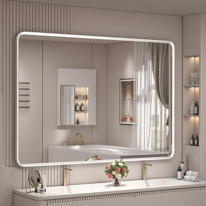44x30 Inch Silver Framed Mirror, Silver Bathroom Vanity Mirror for Wall, Brushed Nickel, Rounded Rectangle Mirror, Shatterproof, Anti-Rust (Horizontal/Vertical)