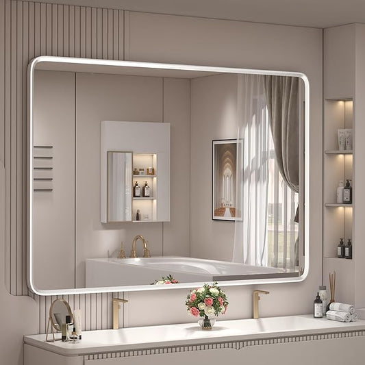 44x30 Inch Silver Framed Mirror, Silver Bathroom Vanity Mirror for Wall, Brushed Nickel, Rounded Rectangle Mirror, Shatterproof, Anti-Rust (Horizontal/Vertical)