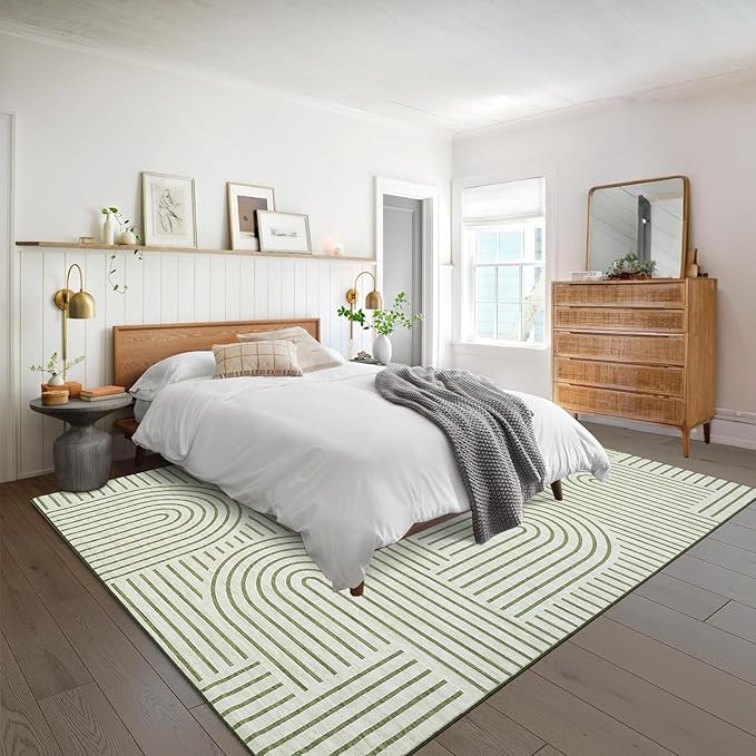 ROYHOME Washable Rug 8x10 Area Rugs for Living Room, Abstract Rug for Bedroom, Soft Rainbow Non Slip Throw Rugs with Rubber Back, Low Pile Stain Resistant Boho Geometric Carpet for Dining Room, Green