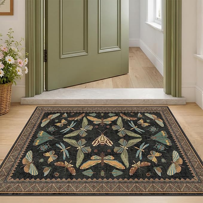 Small Black Entryway Rug - 2x3 Front Door Rug Indoor Entrance, Small Carpet for Kitchen Floor, Bathroom, Powder Room, Washable Low Pile Non Slip, Insect Print Home Décor