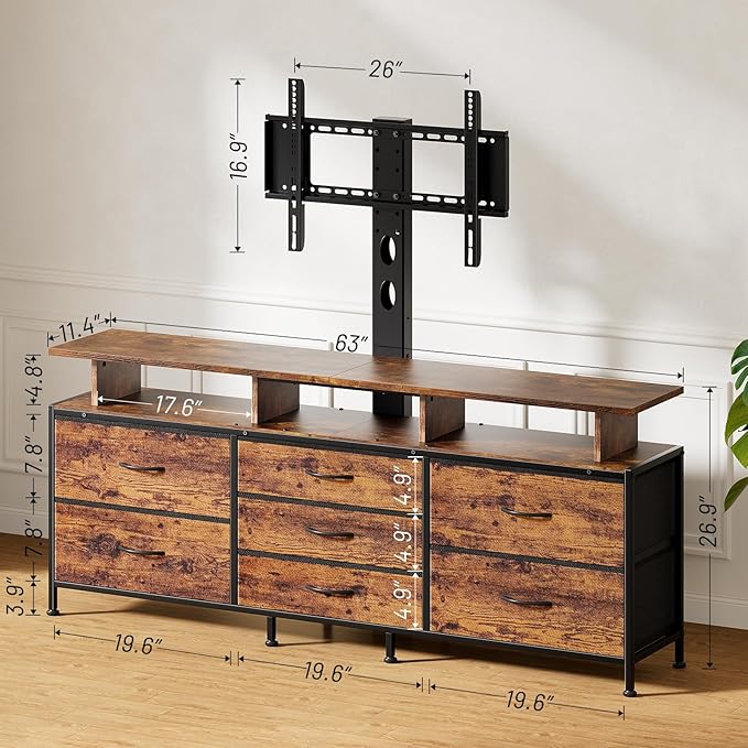 REAHOME TV Stand with Mount, 63" Entertainment Center for 32/45/55/60/65/70 inch TVs, Media Console Table with 7 Drawers, Height Adjustable Mount, Dresser TV Stand for Living Room, Rustic Brown