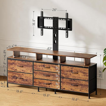 REAHOME TV Stand with Mount, 63" Entertainment Center for 32/45/55/60/65/70 inch TVs, Media Console Table with 7 Drawers, Height Adjustable Mount, Dresser TV Stand for Living Room, Rustic Brown