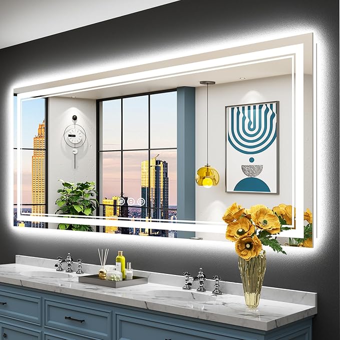 72x32 LED Bathroom Mirror with Lights, Backlit and Front Lit Anti-Fog Lighted Vanity Mirrors for Bathroom Wall, Dimmable, 3-Color Light, Memory, Shatter-Proof, HD Tempered Glass, CRI＞90