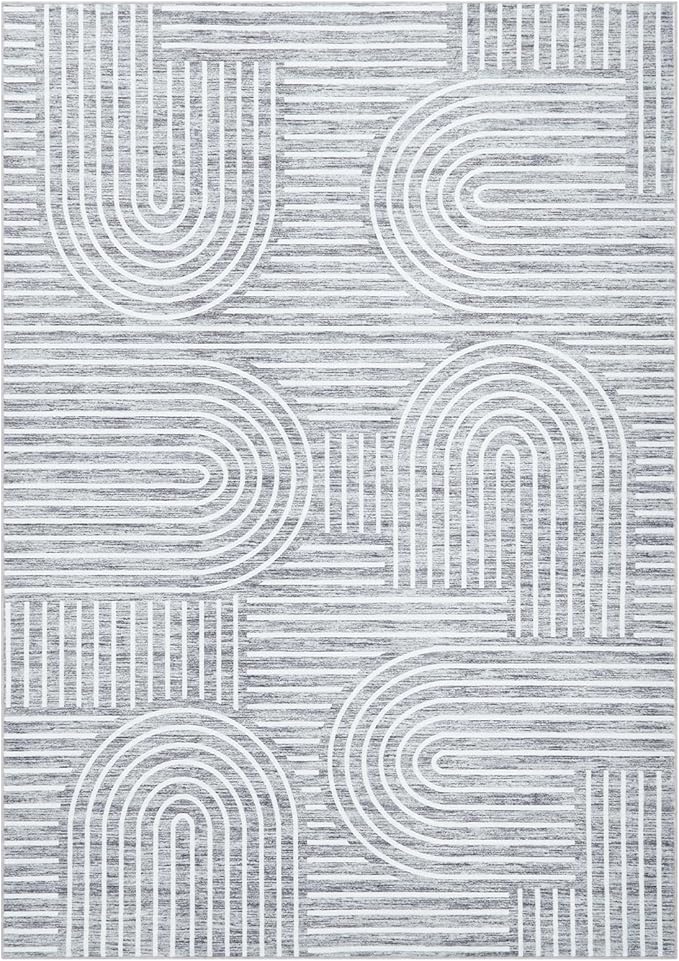 ROYHOME Washable Rug 4x6 Area Rugs for Living Room, Abstract Rug for Bedroom, Soft Rainbow Non Slip Throw Rugs with Rubber Back, Low Pile Stain Resistant Boho Geometric Carpet for Dining Room, Ash