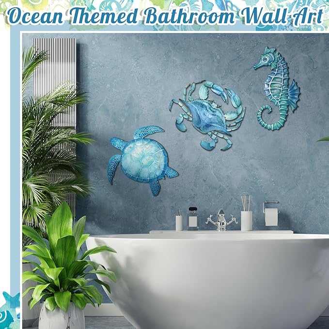 Tatuo 3 Pcs Summer Coastal Wall Decor Bathroom Beach Blue Wall Art Sea Turtle Surfboard Seahorse Starfish Seashell Conches Crabs Sea Life Decor for Bedroom Home (Ocean Style)