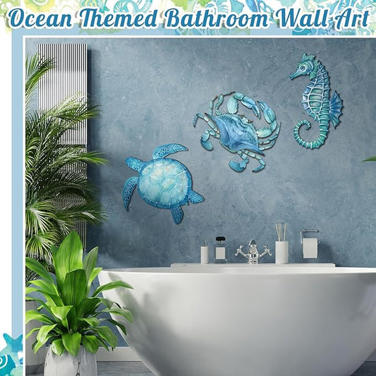 Tatuo 3 Pcs Summer Coastal Wall Decor Bathroom Beach Blue Wall Art Sea Turtle Surfboard Seahorse Starfish Seashell Conches Crabs Sea Life Decor for Bedroom Home (Ocean Style)