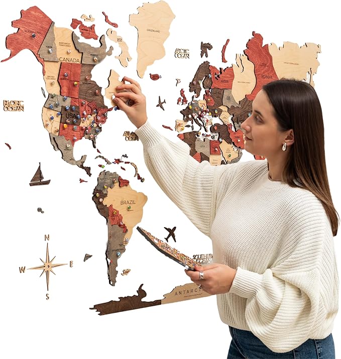 Enjoy The Wood 3D Wooden World Map Wall Art - Large Travel Map with Pins for Art Decor - Decorative Map of the World for Home, Office - Travel Wall Art Housewarming Gift Idea (Fusion, 3XL, Unframed)