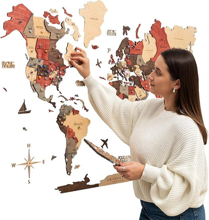 Enjoy The Wood 3D Wooden World Map Wall Art - Large Travel Map with Pins for Art Decor - Decorative Map of the World for Home, Office - Travel Wall Art Housewarming Gift Idea (Fusion, L, Unframed)