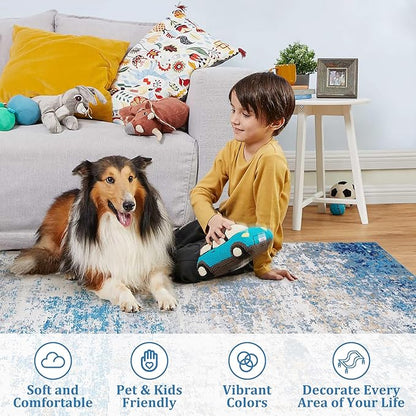 ROYHOME 5x7 Modern Abstract Faux Wool Rug Ultra-Soft Low Pile Accent Rug Stain Resistant Carpet Machine Washable Rugs for Bedroom with Non Slip Backing, Blue/Grey