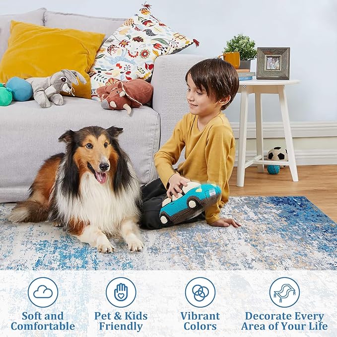 ROYHOME 2x6 Modern Abstract Runner Rug Non Slip Soft Stain Resistant Low Pile Machine Washable Non Shed Rug for Hallway Kitchen Bathroom, Blue/Grey