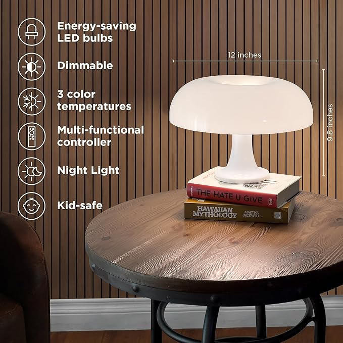 White Mushroom Lamp, Dimmable Retro Table Lamp — 3 Light Temperature, Remote-Controlled — Mid-Century Donut Shaped LED 70s Lamp — Optimize Your Space to a Cozy, Nostalgic Vibe—Perfect for Any Room