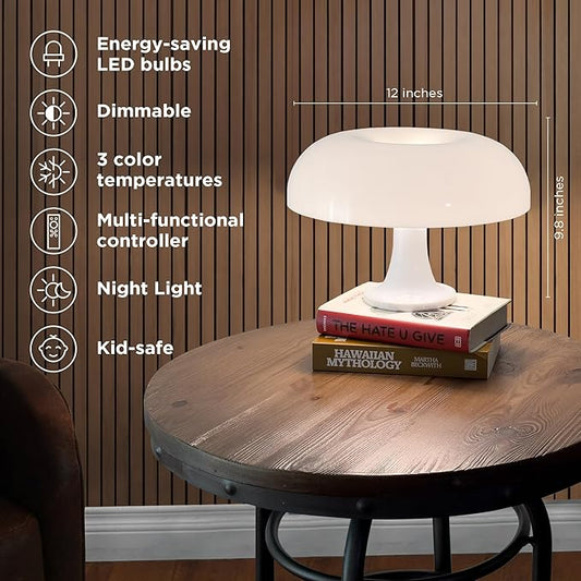 White Mushroom Lamp, Dimmable Retro Table Lamp — 3 Light Temperature, Remote-Controlled — Mid-Century Donut Shaped LED 70s Lamp — Optimize Your Space to a Cozy, Nostalgic Vibe—Perfect for Any Room