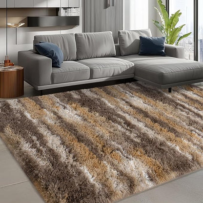 Shag Rugs for Living Room 9x12, Ultra Soft Abstract Brown Big Fuzzy Rugs for Bedroom, 9 x 12 Fluffy Shaggy Plush Carpet Girls Kids Room Dorm Upgrade Non-Slip