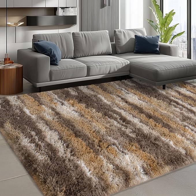 Shag Rugs for Living Room 6x9, Ultra Soft Abstract Brown Big Fuzzy Rugs for Bedroom, 6 x 9 Fluffy Shaggy Plush Carpet Girls Kids Room Dorm Upgrade Non-Slip