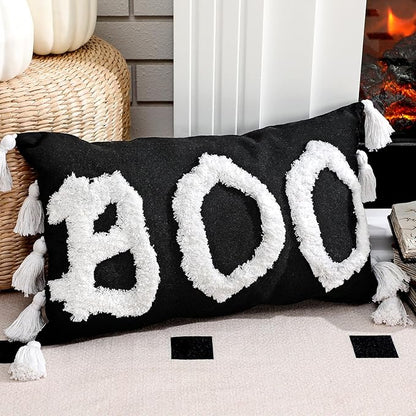 Yuntau Halloween Throw Pillow Cover with Tassels 12 x 20 Inch Decorative Boo Pillowcase Embroidery Furry Plush Boo Cushion Cover Halloween Decorations for Home Bedroom Sofa Couch Living Room Outdoor