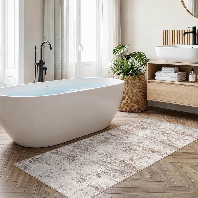 2x6 Runner Rug Abstract Washable: Non-Slip Hallway Runner Rug Vintage Low-Pile Kitchen Carpet Runner for Bedroom Entryway - Soft Accent Floor Mat for Modern Farmhouse Home Decor(2x6 Beige-Brick)