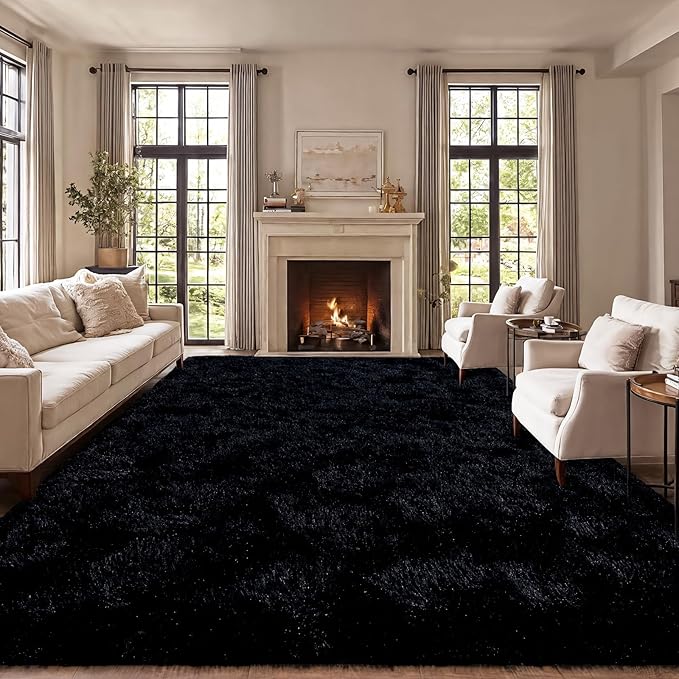 qulint Black Rug for Living Room, 10x14 Area Rug for Bedroom Soft Fluffy Large Carpet, Shag Shaggy Modern Alfombra para Sala for Boys and Girls Dorm Classroom Office Home Decor (10ft x 14ft, Black)