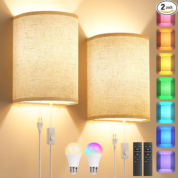 Plug in Wall Sconces Set of Two: Wall Lights with 7 RGB Colors - 3 Color Temperature Wall Mount Lamps with Remote - Fabric Linen Wall Sconc for Bedroom Living Room & Hallway- Indoor Corded Wall Sconce