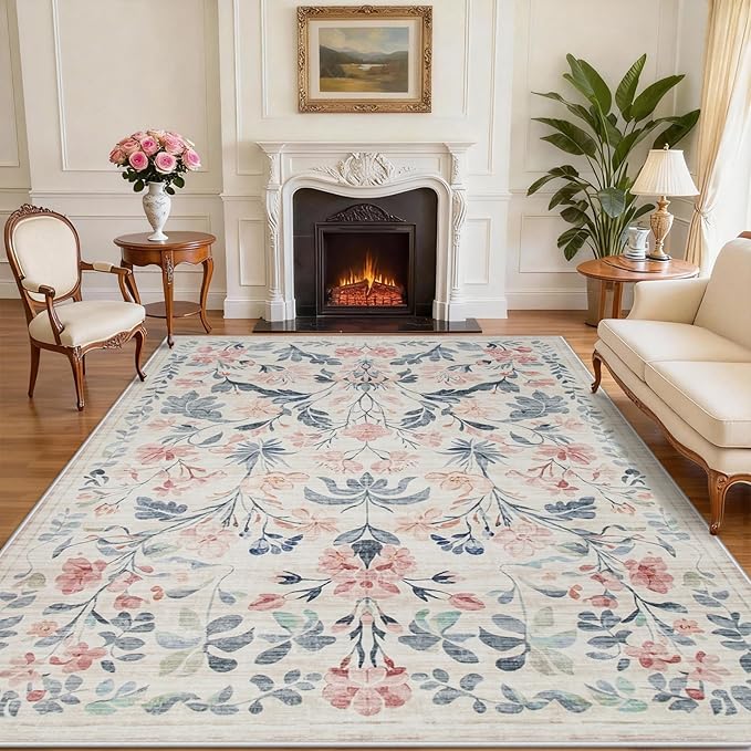 Area Rugs 9x12 Living Room: Lagre Boho Living Room Rug Soft Non-Slip Thin Carpet Indoor Floor Non-Shedding Neutral Floral Carpets for Bedroom Dining Room Farmhouse Nursery Multi