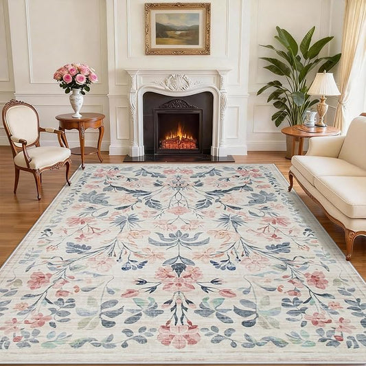 Area Rugs 9x12 Living Room: Lagre Boho Living Room Rug Soft Non-Slip Thin Carpet Indoor Floor Non-Shedding Neutral Floral Carpets for Bedroom Dining Room Farmhouse Nursery Multi