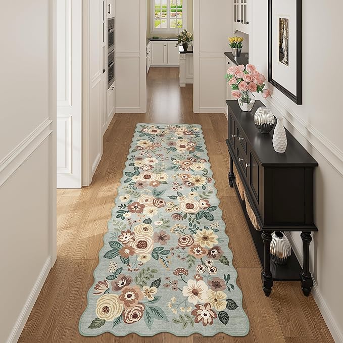 DUKINO 2x10 Runner Rug for Hallway, Washable Kitchen Rug with Non Slip Backing & Non-Shediing, Soft Low Pile Floral Design Runner for Bedroom, Kithchen, Living Room, Laundry, Bathroom, Sage Green