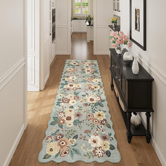 DUKINO 2x10 Runner Rug for Hallway, Washable Kitchen Rug with Non Slip Backing & Non-Shediing, Soft Low Pile Floral Design Runner for Bedroom, Kithchen, Living Room, Laundry, Bathroom, Sage Green