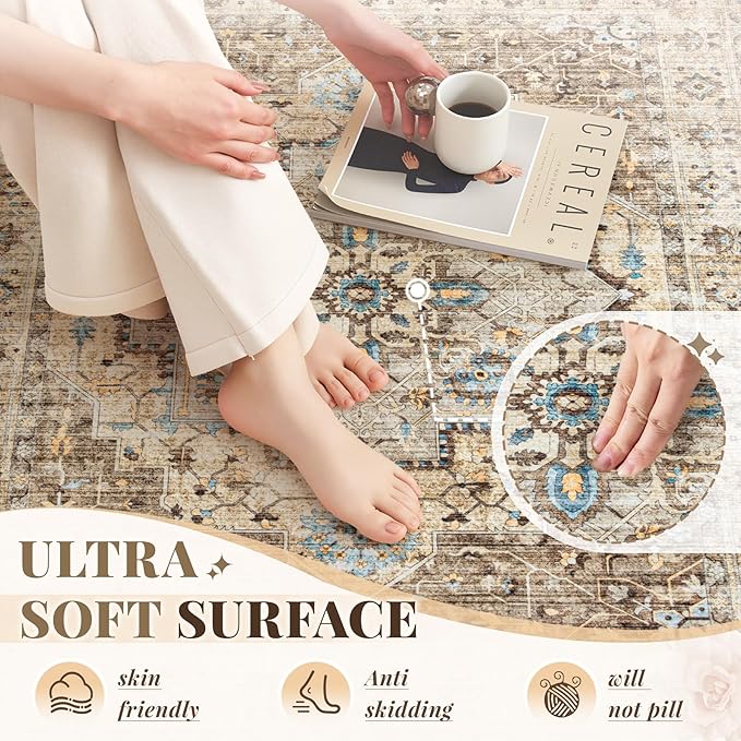 Area Rug 8x10 Vintage Rug: Large Washable Indoor Medallion Rugs Low Pile Distressed Floor Carpet Retro Accent Rug for Living Room Bedroom Kitchen Dining Table Home Office(Brown/Blue, 8'x10')