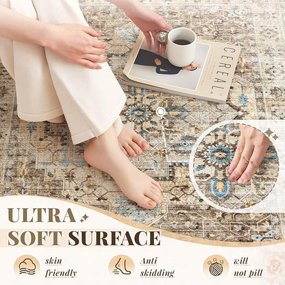 Area Rug 9x12 Vintage Rug: Large Washable Indoor Medallion Rugs Low Pile Distressed Floor Carpet Retro Accent Rug for Living Room Bedroom Kitchen Dining Table Home Office(Brown/Blue, 9'x12')