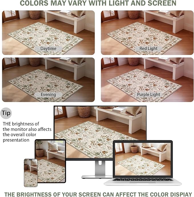 Area Rug 3x5 Machine Washable Vintage Floral Rugs for Living Room, Small Boho Non Slip Indoor Entrance Rug for Kitchen Bedroom, Beige White