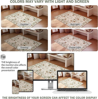 Area Rug 3x5 Machine Washable Vintage Floral Rugs for Living Room, Small Boho Non Slip Indoor Entrance Rug for Kitchen Bedroom, Beige White