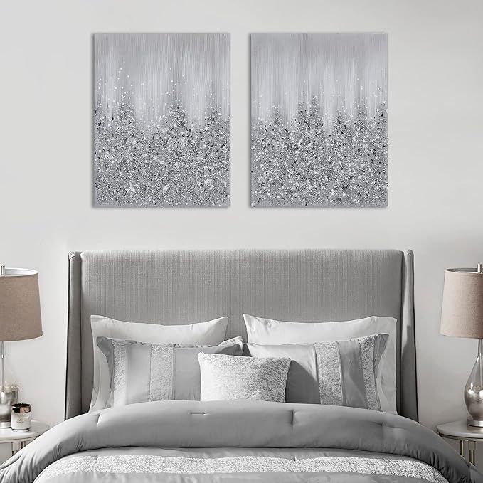 Madison Park Wall Art Living Room Decor-Embellished Hand Painted Metallic Canvas, Home Accent Glitter Abstract Bathroom Decoration Ready to Hang Bedroom Painting, 22" x 28", Silver, 2 Piece Set