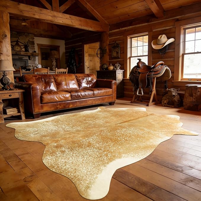 Cowhide Rug for Living Room, Washable Cow Hide Rug, Large Faux Animal Skin Rugs, Non-Slip Cow Print Area Rugs, 8x10Ft Large Cowhide Rugs for Bedroom Office Kitchen Fireplace, Khaki