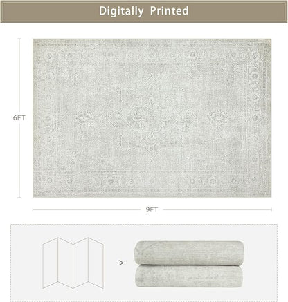 Srugn Washable Rugs 6x9 Area Rugs for Living Room,Bedroom,Large Carpets,Ultra Soft Faux Wool Retro Dining Room Rug,Non Slip&Non-Shedding Low Pile Vintage Rugs for Home Office,Concrete Grey