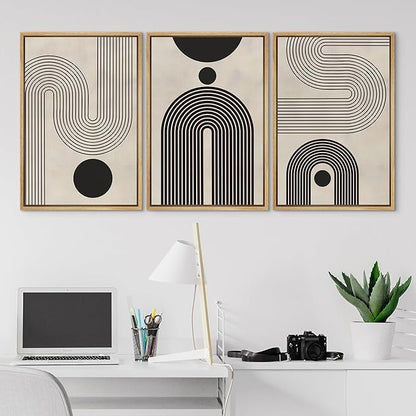 SIGNLEADER Framed Canvas Print Wall Art Set Duotone Geometric Black & White Polygons Abstract Modern Art Geometric Zen Mid-Century for Living Room, Bedroom, Office - 24"x36"x3 NATURAL