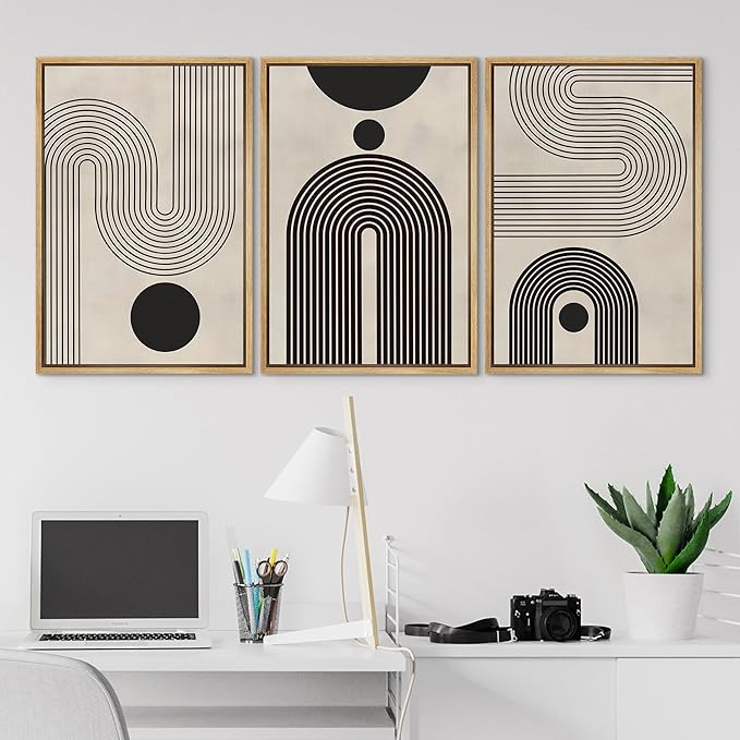 SIGNLEADER Framed Canvas Print Wall Art Set Duotone Geometric Black & White Polygons Abstract Modern Art Geometric Zen Mid-Century for Living Room, Bedroom, Office - 16"x24"x3 NATURAL