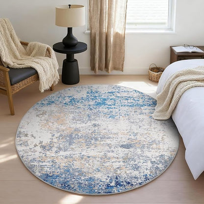 ROYHOME Modern Abstract 4x4 Round Area Rug Non Slip Non Shedding Rug Low Pile Stain Resistant for Bedroom Living Room Office Dining Room,Blue/Grey