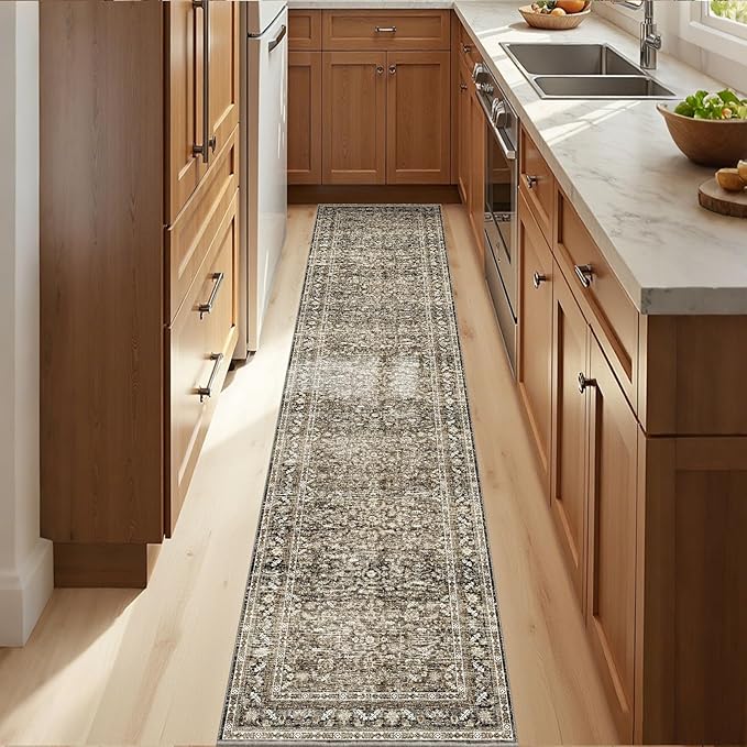 OPPODREAM Vintage Brown 2x12 Runner Rug, 2 x 12 Retro Washable Rug Non Slip, Low-Pile Faux Wool Carpet, Distressed Floor Mat for Kitchen, Hallway, Entry-Way, Entrance, Indoor Back Door