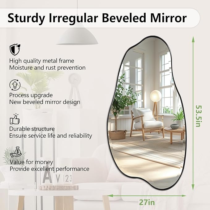 POZINO Irregular Beveled Mirror, 53.5"x27" Asymmetrical Aesthetic Mirror with Metal Frame, Large Cloud Shaped Mirrors for Living Room Bathroom Bedroom Hallway Entryway, Horizontal/Vertical Hanging