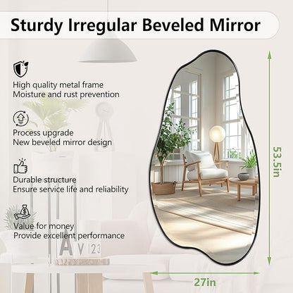 POZINO Irregular Beveled Mirror, 53.5"x27" Asymmetrical Aesthetic Mirror with Metal Frame, Large Cloud Shaped Mirrors for Living Room Bathroom Bedroom Hallway Entryway, Horizontal/Vertical Hanging