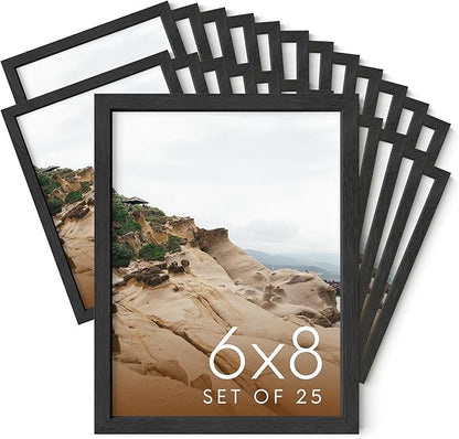 HAUS AND HUES 6x8 Black Oak Frame Set of 25 - Premium Wood, Vertical Display (Shatterproof Plexiglass)