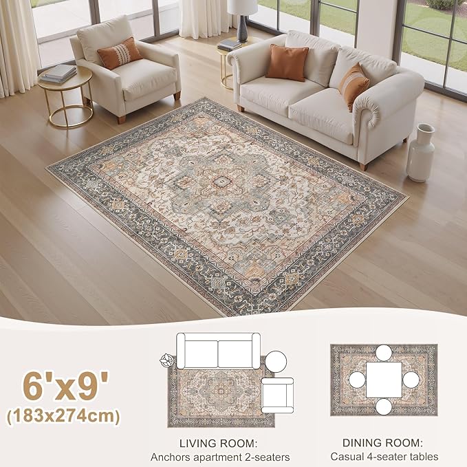 EIEIHOUSE Washable Area Rugs for Living Room - 6x9 Neutral Vintage Distressed Floral Farmhouse Boho Large Soft Floor Rug Indoor Non Slip Carpet for Bedroom Dining Room Office -Forest Green Orange
