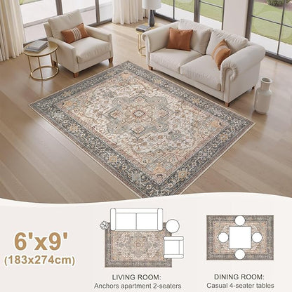 EIEIHOUSE Washable Area Rugs for Living Room - 6x9 Neutral Vintage Distressed Floral Farmhouse Boho Large Soft Floor Rug Indoor Non Slip Carpet for Bedroom Dining Room Office -Forest Green Orange