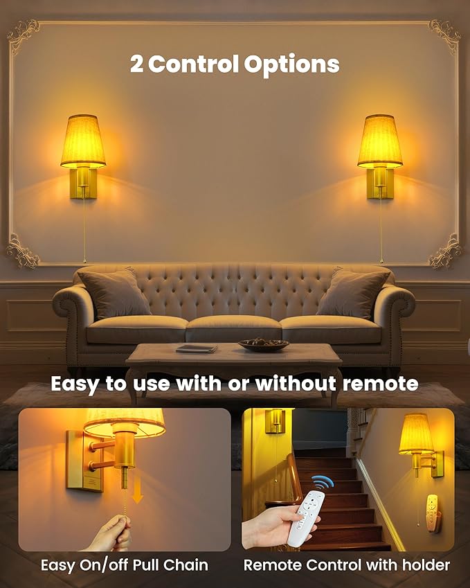 TECOMLIGHT Battery Operated Wall Sconce Lights for Bedroom Set of 2, Wireless Rechargeable LED Wall Lamp with Remote & On/Off Pull Chain, Wall Mount Lighting Fixtures for Living Room, Satin Gold