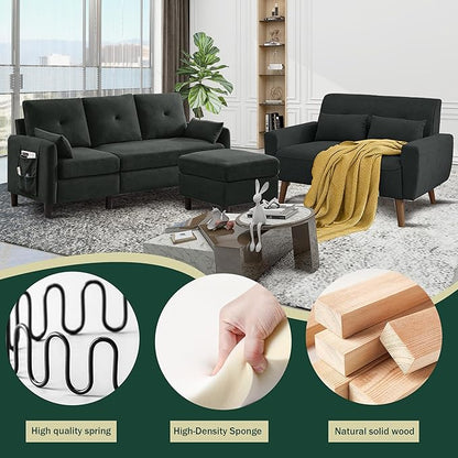 Convertible Sectional Couch Set, 77" L Shaped Sofa with Ottoman and 48" Loveseat, Modern Couches for Living Room, Apartment and Office, Black