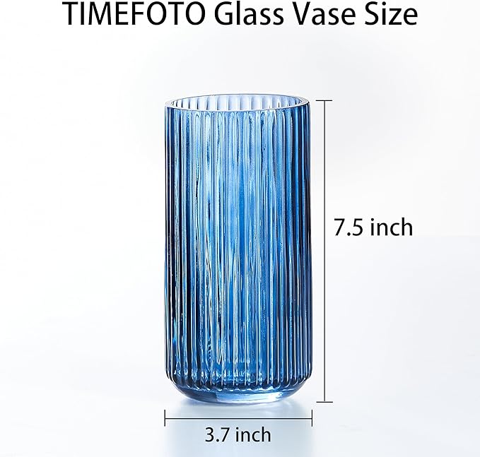 TIMEFOTO 7.5 inch Blue Glass Flower Vase for Pampas Grass, Medium Decorative Centerpiece Ribbed Vase for Dining Table, Office Desktop, Shelf Bookshelf, Mantel, Entryway, Bathroom, Countertop,Gift