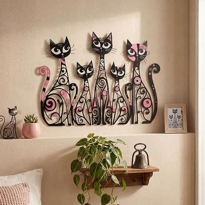 Wesiti Cat Wall Art Decor Iron Wall Sculptures Decor for Cats Lover 13.15 x 10.59 Inches Colorful Retro Mid Century Cat Signs for Home Living Room Bedroom Kitchen Office(Stylish)