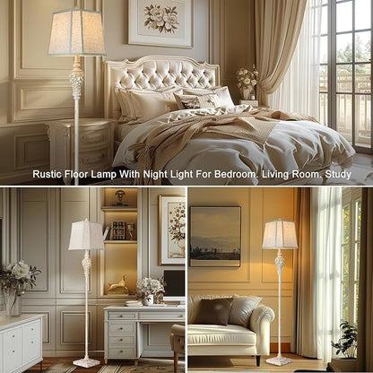LuxSight Collection Rustic Floor Lamp 65'' Tall with Nightlight Cut Corner Linen Fabric Shade Vintage Standing Lamp for Living Room, Bedroom, Office, House (Bulb Included)