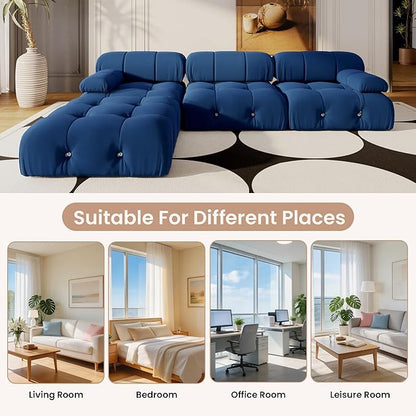 104'' Modular Sectional Couch, L-Shaped Velvet Bubble Couch with Reversible Chaise Ottoman, Modern Cloud Sectional Couches for Living Room, Apartment (3 Seats, 1 Ottoman, Blue)